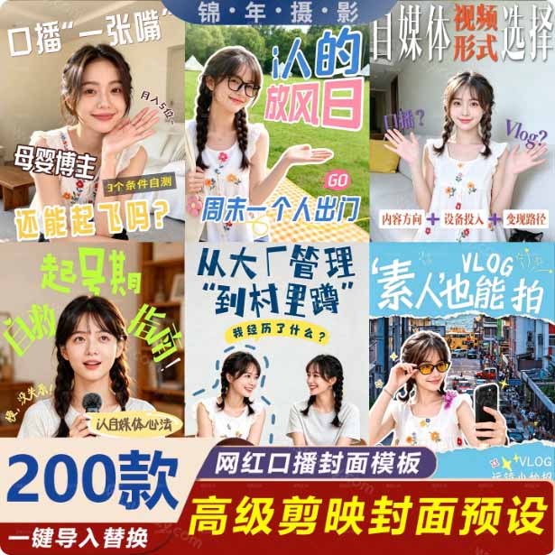 剪映封面模板200方法套，口播Vlog带货通用，3秒套用提升点击率