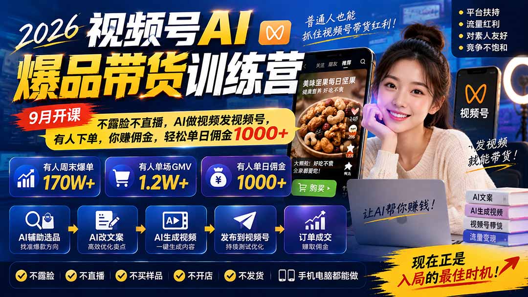 2026视频号AI带货训练营｜不露脸不直播，AI做视频赚佣金