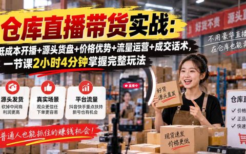 仓库直播带货实战教程：低成本开播+源头货盘+流量运营+成交话术2小时掌握