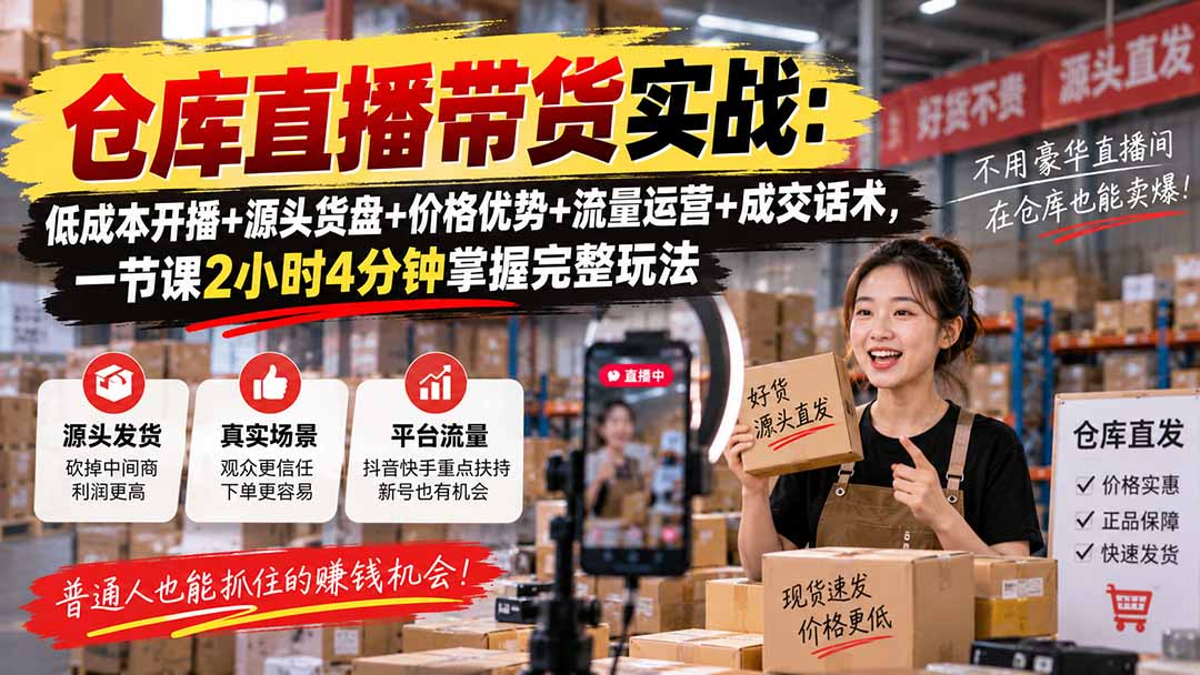 仓库直播带货实战教程：低成本开播+源头货盘+流量运营+成交话术2小时掌握