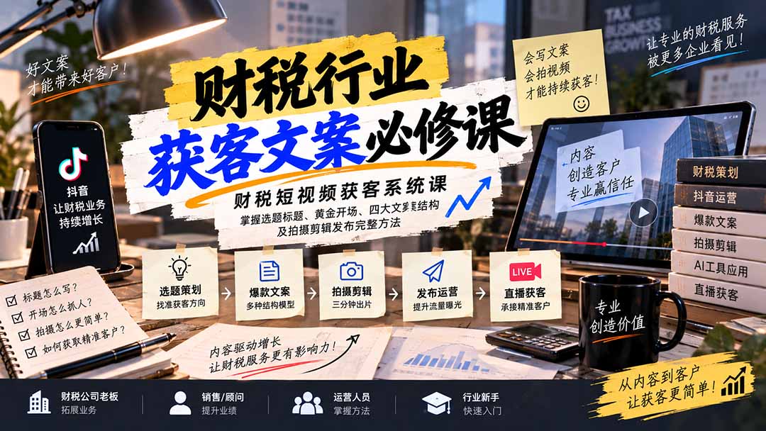 财税短视频获客课：选题标题黄金开场四大文案结构拍摄剪辑发布全流程