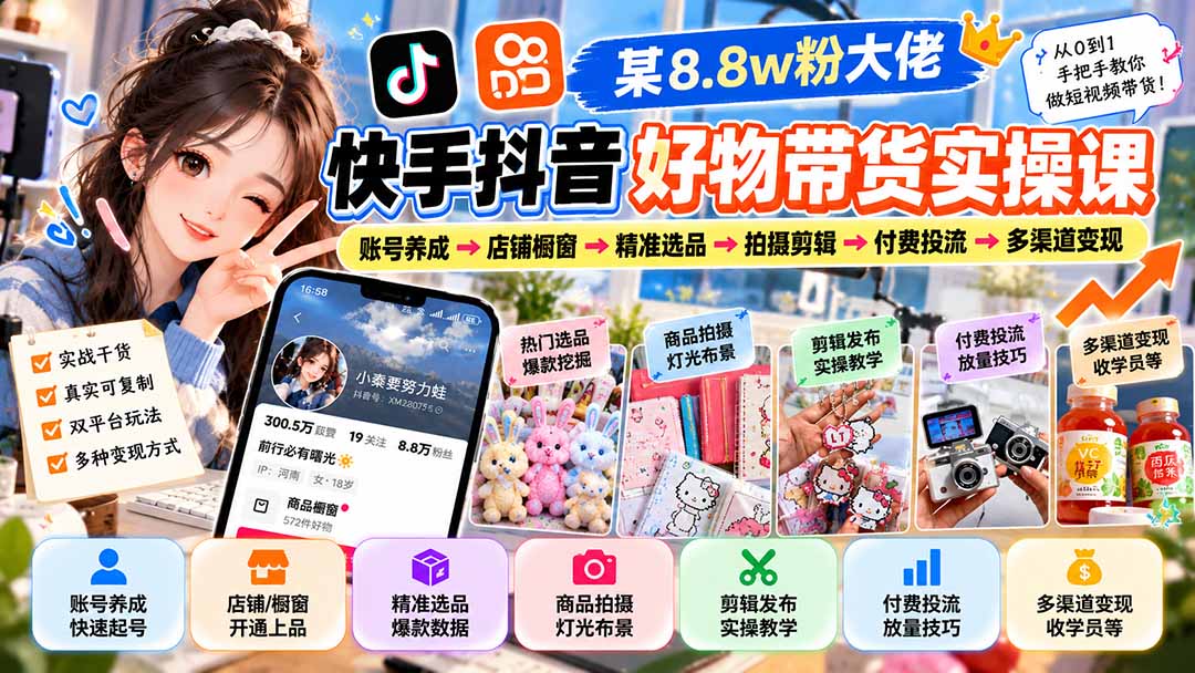 2026 快手抖音好物带货实操课：养号选品拍摄剪辑投流变现