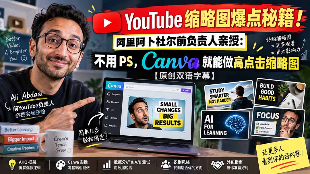 YouTube缩略图设计教程：Canva零基础制作高点击缩略图，含AHQ框架与A/B测试