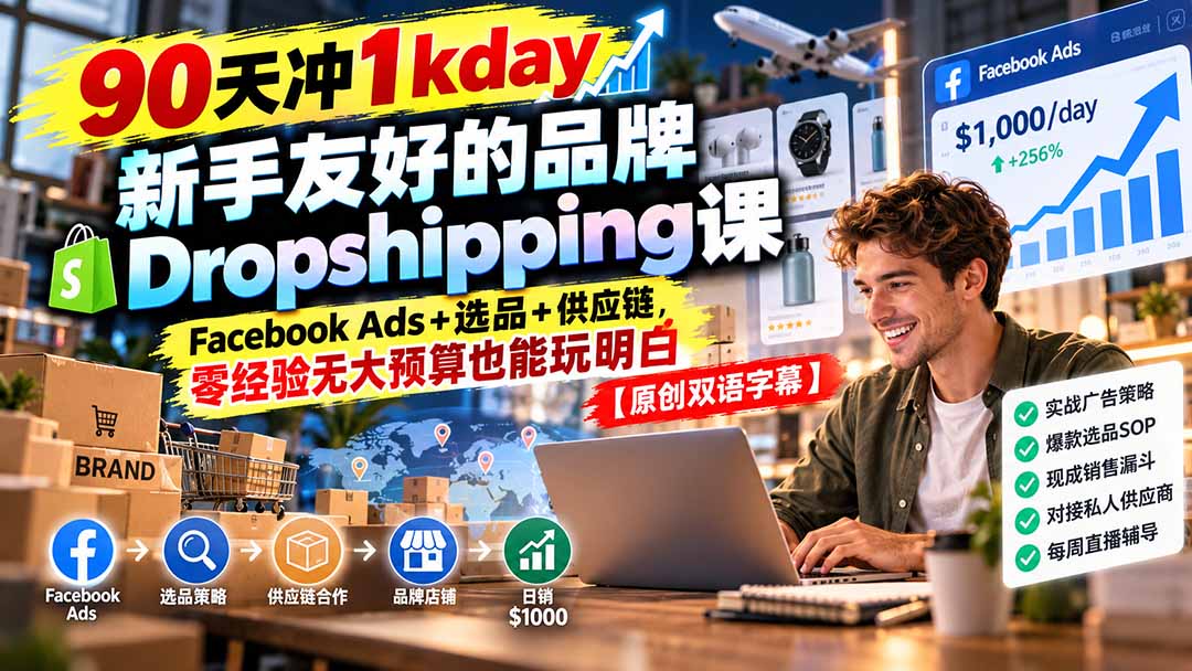 90天变现千刀：新手品牌Dropshipping课 Facebook广告+选品+供应链