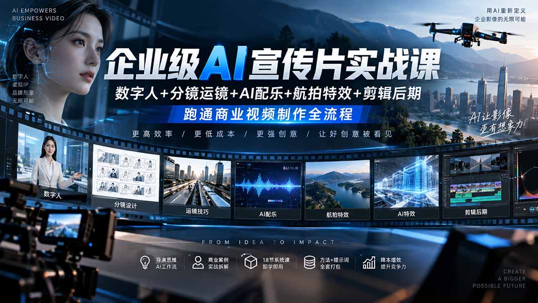 企业AI宣传片实战课：数字人+分镜运镜+AI配乐+航拍特效+剪辑后期全流程