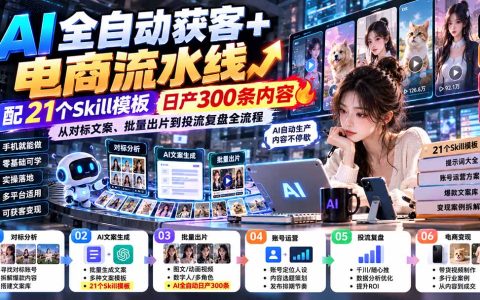 AI自动化获客+电商流水线：21个Skill模板日产300步骤条内容
