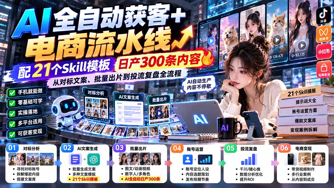 AI自动化获客+电商流水线：21个Skill模板日产300步骤条内容