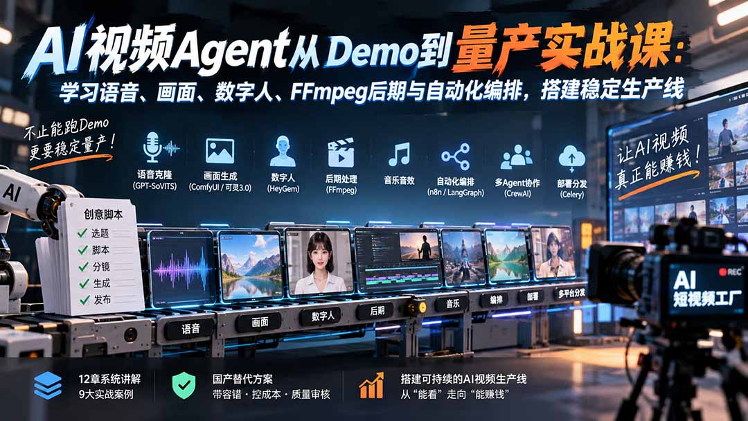 AI视频Agent量产实战:语音克隆、ComfyUI与n8n编排全栈课 AI视频Agent量产实战:语音克隆、ComfyUI与n8n编排全栈课