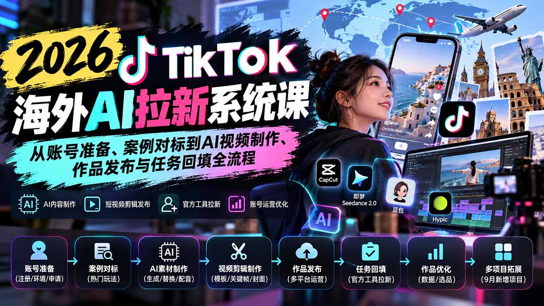 2026 TikTok海外AI拉新课：账号准备+AI视频制作+发布回填全流程