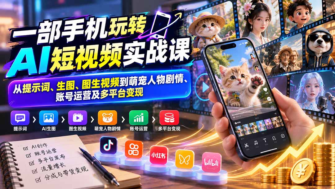 手机AI短视频实战：即梦豆包生图图生视频萌宠剧情账号运营多平台变现