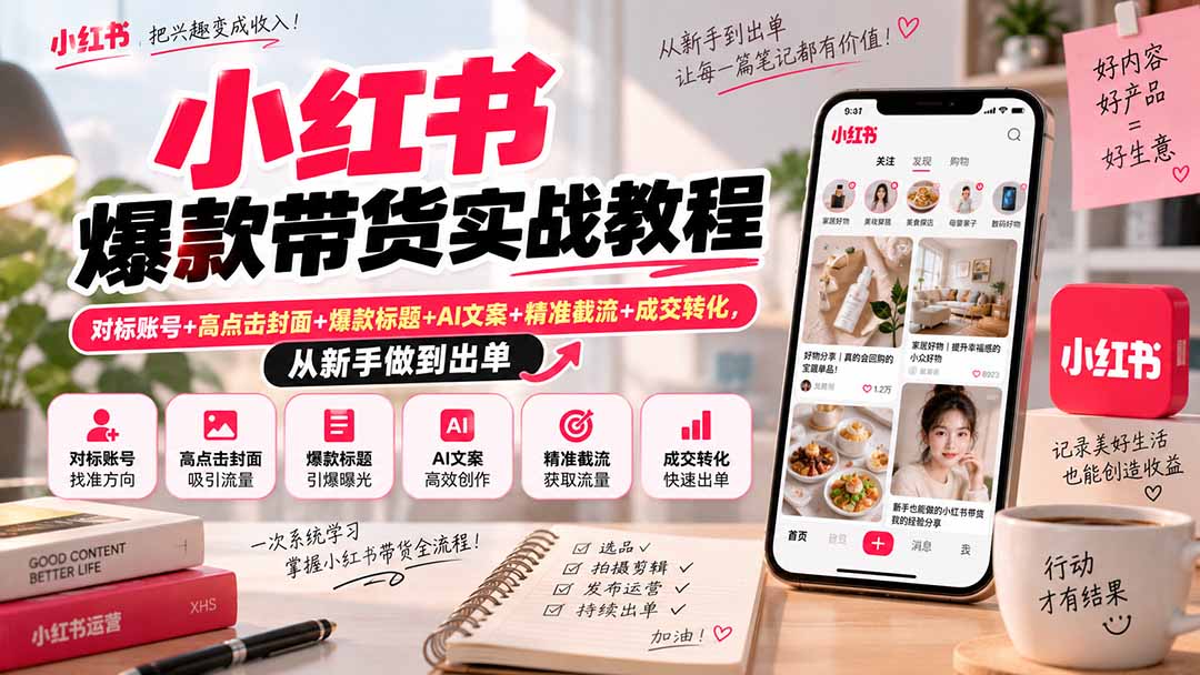 小红书爆款带货实战教程：对标账号+封面标题+AI文案+选品截流成交