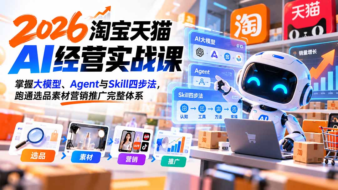 2026淘宝天猫AI实战课：大模型Agent与Skill四步法，跑通选品素材推广