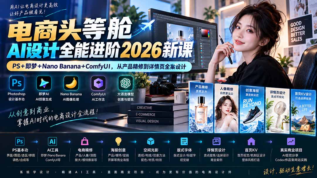 电商设计AI进阶课：PS+即梦+ComfyUI产品精修与详情页实战