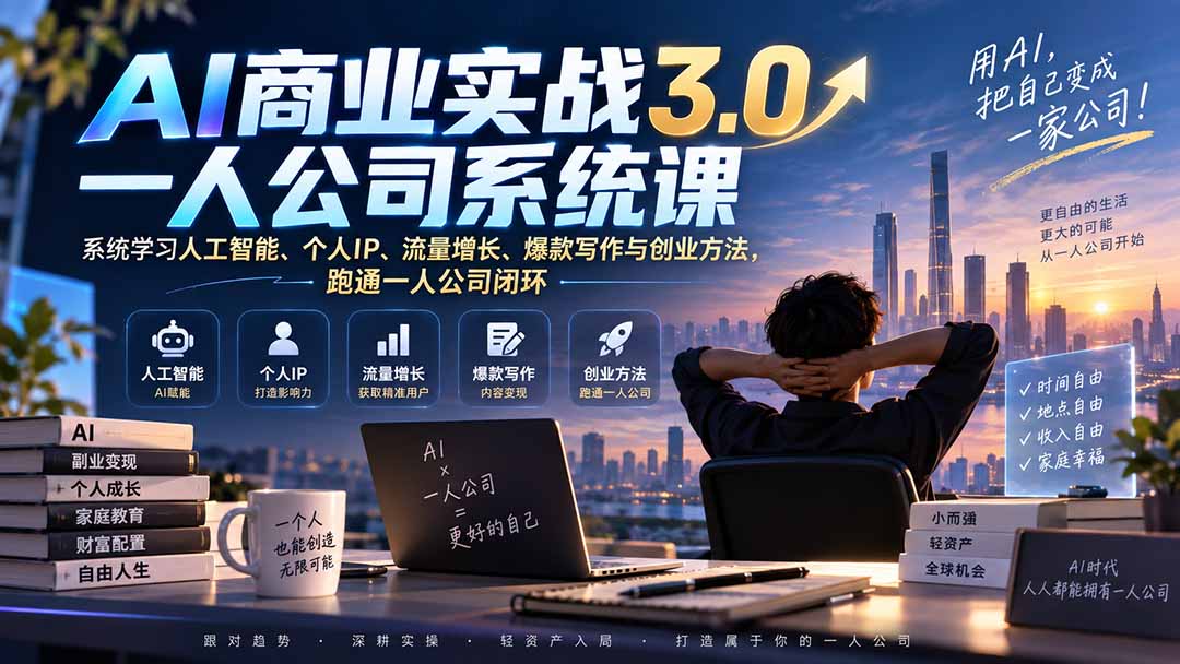 AI商业实战3.0：一人公司系统课，AI实操+爆款写作+流量变现，普通人副业创业必修
