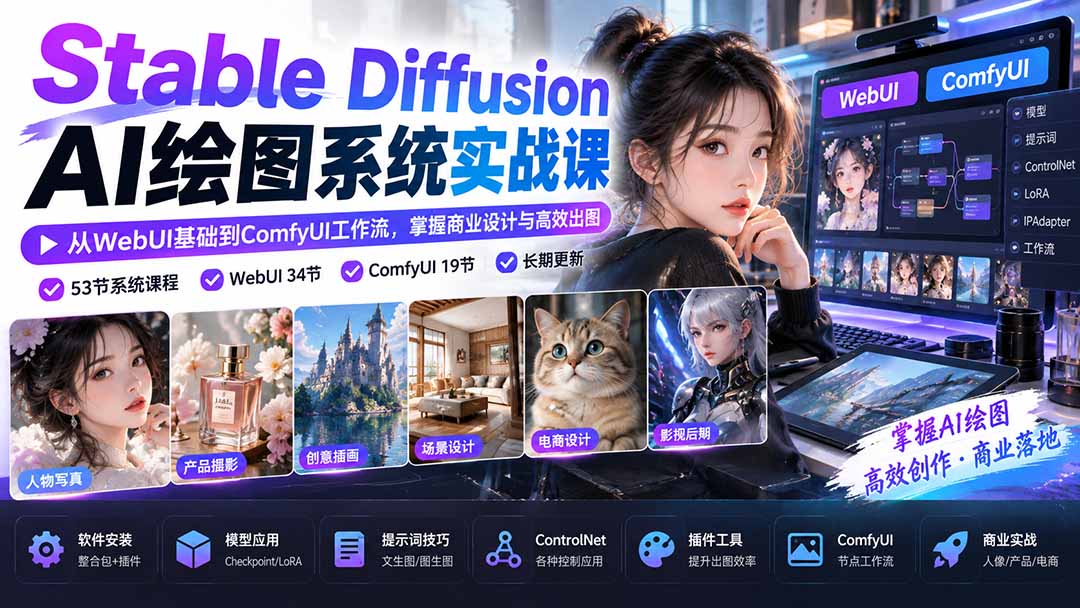 Stable Diffusion实战:WebUI+ComfyUI商业出图与AI绘图工作流 Stable Diffusion实战:WebUI+ComfyUI商业出图与AI绘图工作流