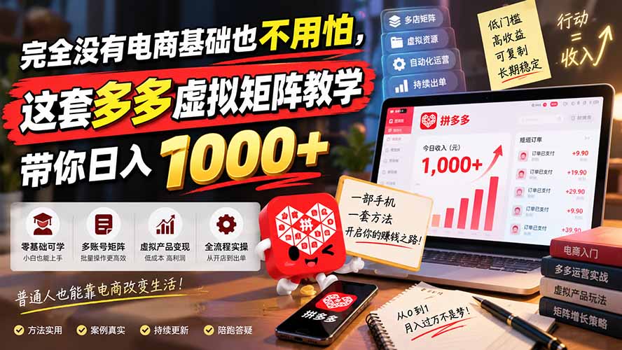 2026拼多多虚拟电商矩阵教学：无货源新手3-5天出单变现100步骤0+