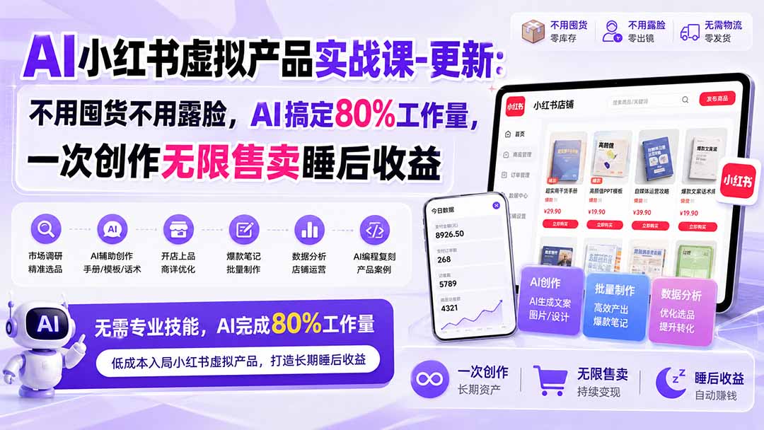 AI小红书虚拟产品实战课：不用囤货露脸，AI副业选品开店变现全流程