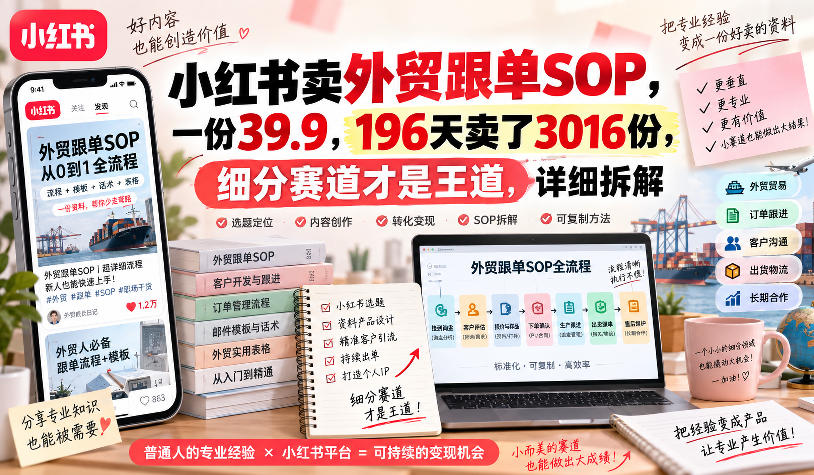 小红书外贸跟单SOP变现拆解：196天卖3016份，虚拟资料副业实操