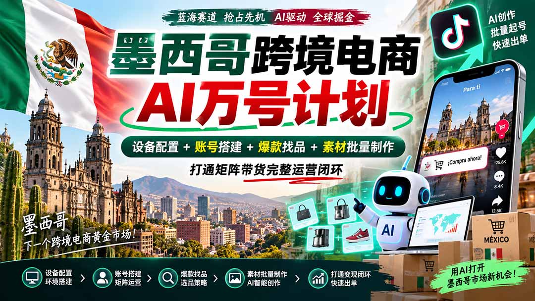 墨西哥AI跨境万号计划：设备配置+账号搭建+爆款选品+素材量产