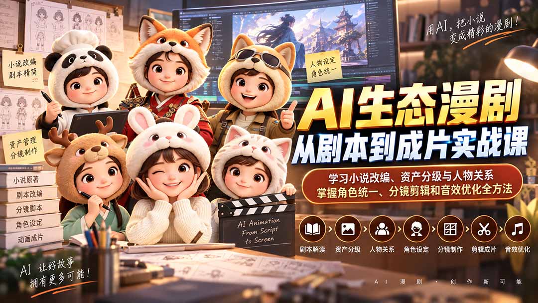 AI漫剧实战课：小说改编到成片全流程，即梦豆包角色统一与分镜剪辑