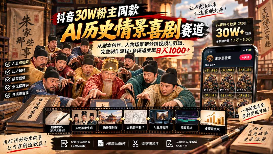 抖音30W粉同款AI历史情景喜剧教程：剧本分镜到AI视频剪辑全流程
