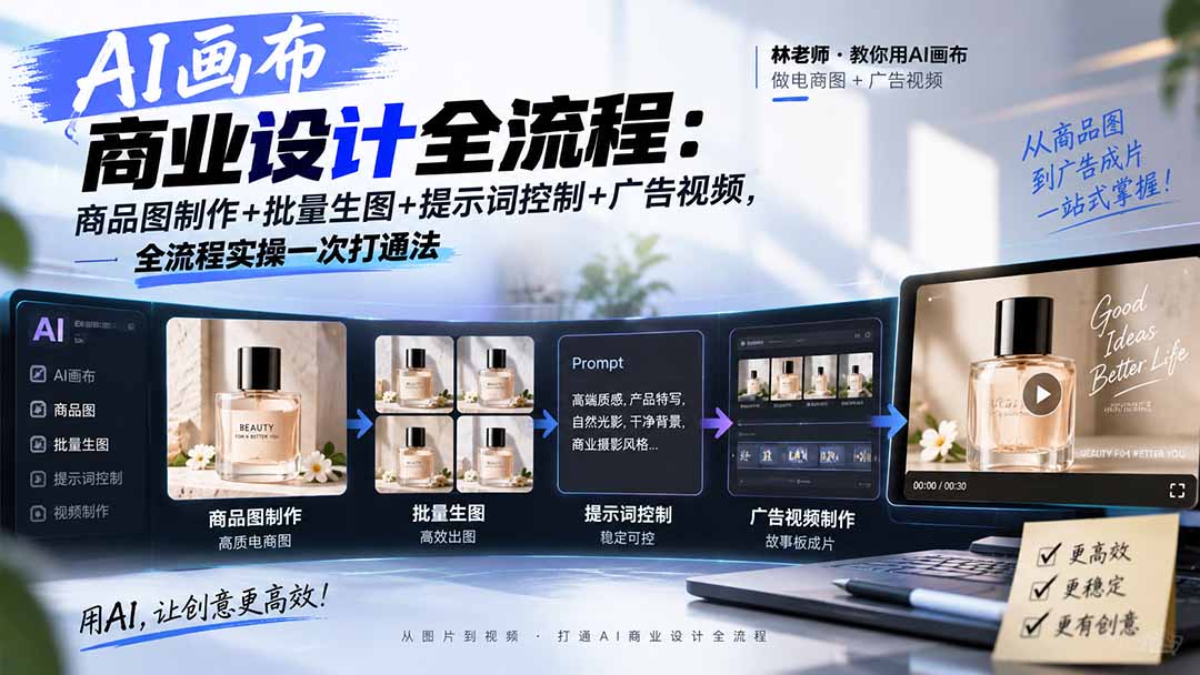 AI画布商业设计全流程：商品图制作+批量生图+提示词控制+广告视频，7节课一次打通