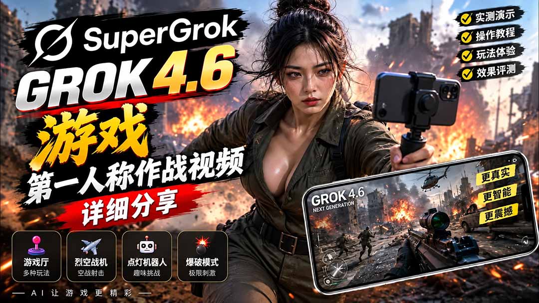 Grok 4.6第一人称作战游戏实测：FPS效果与AI游戏生成玩法讲解