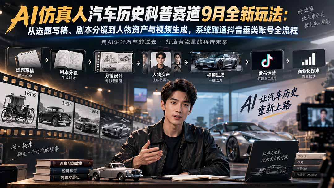 AI仿真人汽车历史科普课：抖音垂类账号从选题分镜到视频生成全流程
