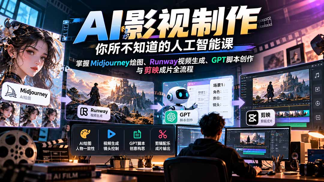 AI影视制作全流程：Midjourney绘图+Runway视频+GPT脚本+剪映成片