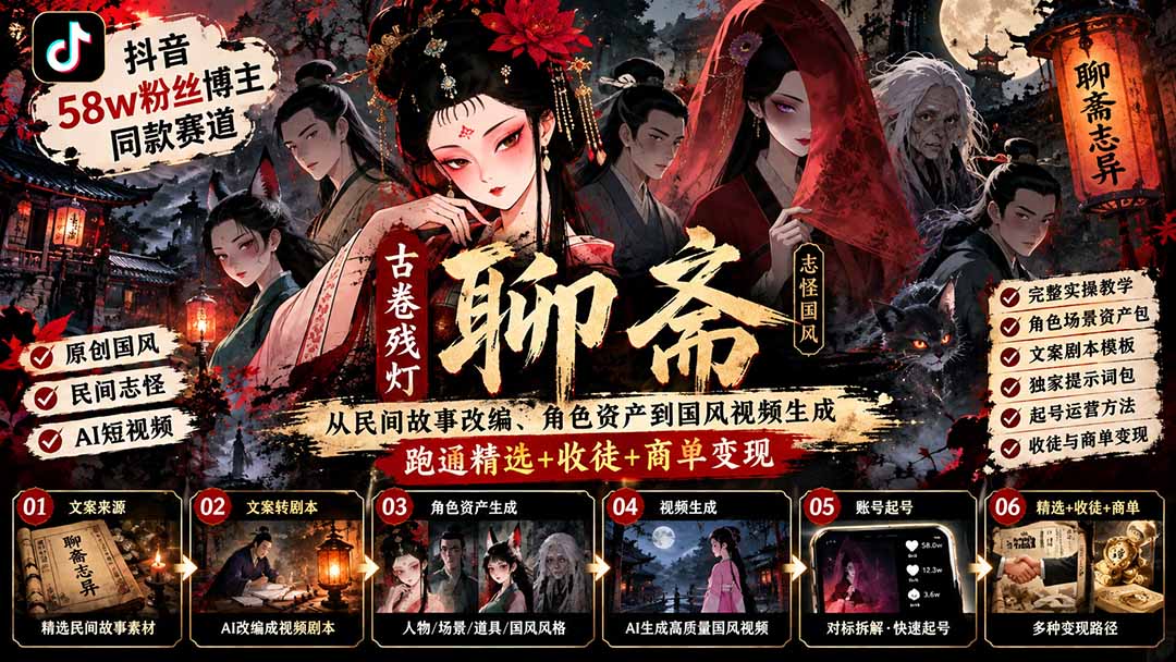 抖音58w粉丝博主同款古卷残灯聊斋AI国风短视频实战课