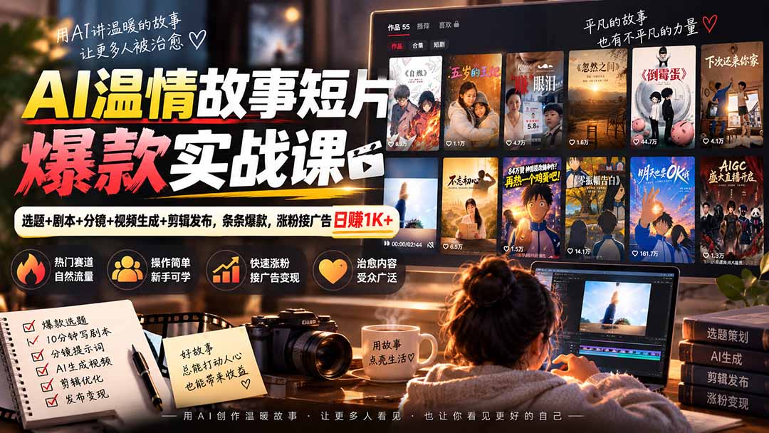 AI温情故事短片实战课：选题剧本分镜+视频生成剪辑发布，涨粉变现