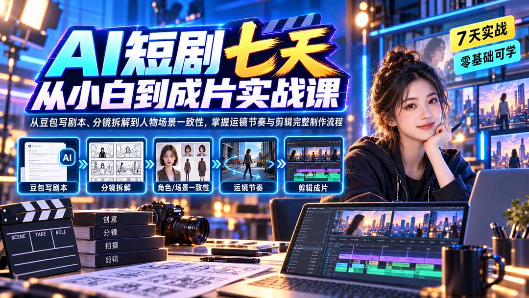 AI短剧制作全流程实战：豆包写剧本到分镜拆解，人物场景一致性及运镜剪辑成片教学