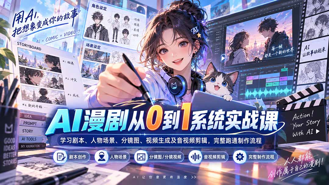 AI漫剧从0到1系统实战课：剧本创作+角色场景+分镜图+视频生成+音视频剪辑全流程