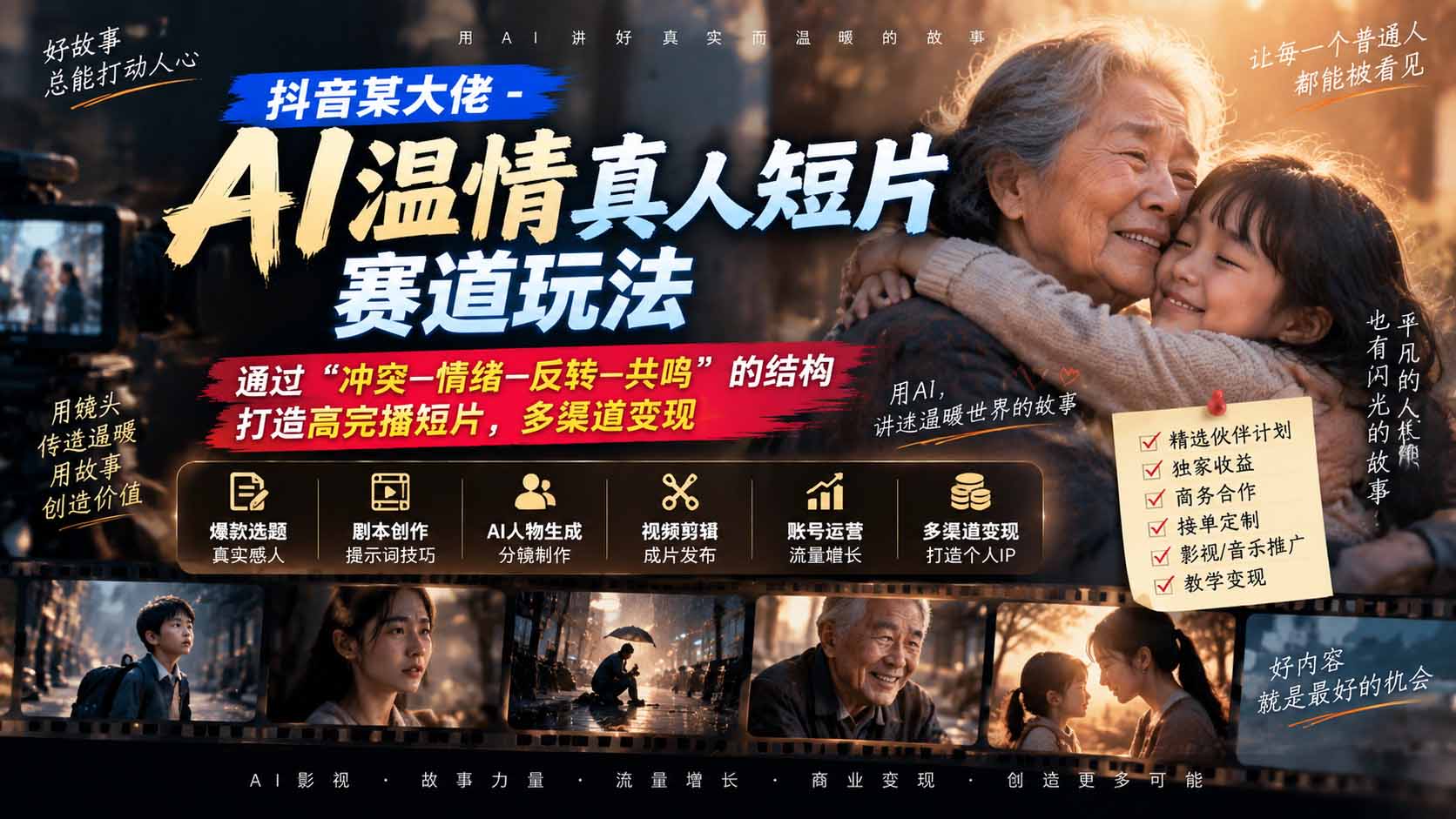 抖音AI温情真人短片课：冲突情绪反转共鸣高完播变现