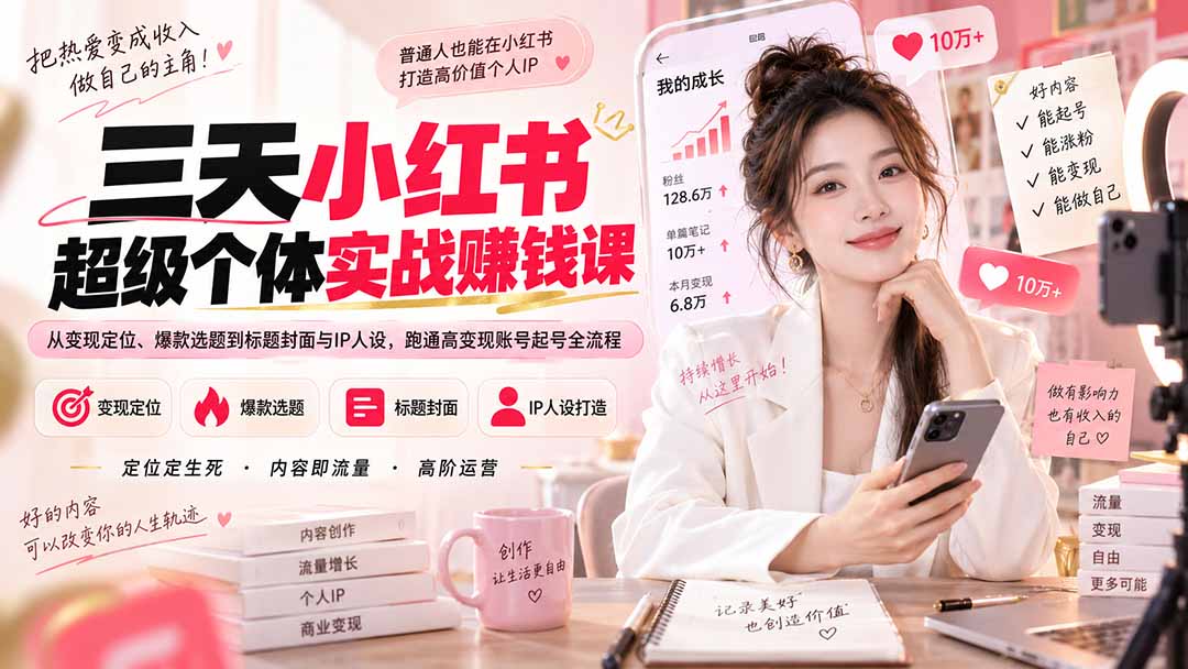 三天小红书起号实战课：爆款选题+AI提效+IP人设，跑通高变现账号全流程