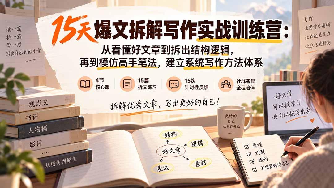 15天爆文拆解实战训练营：从拆解结构到模仿笔法，系统提升新媒体写作逻辑