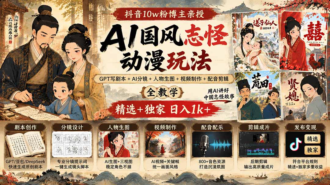 抖音10w粉博主亲授AI国风志怪动漫：GPT写剧本+AI分镜生图视频配音剪辑全流程