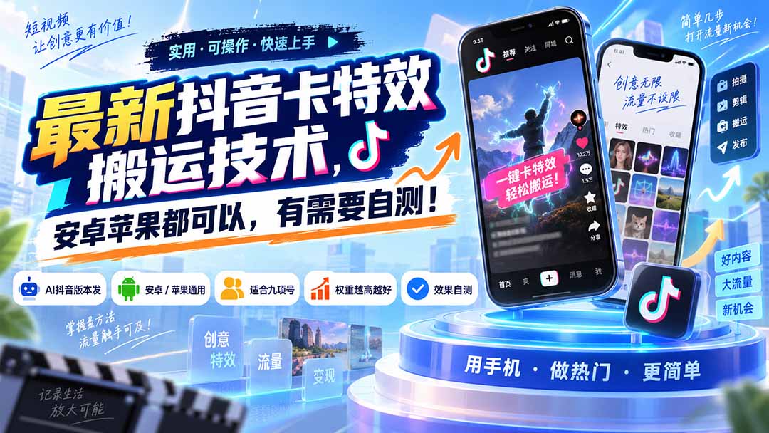 2026 最新抖音卡特效搬运技术安卓苹果通用九项号自测