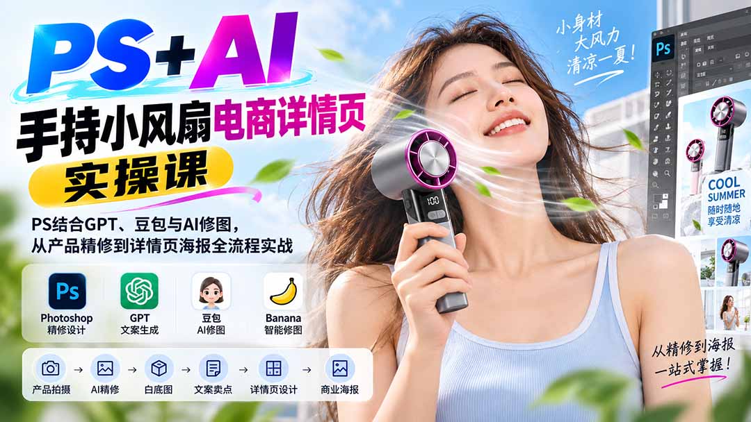PS+AI手持小风扇详情页实操课：GPT豆包修图与海报设计全流程