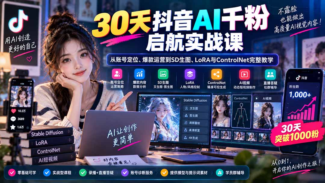 抖音AI绘画起号实战课：SD生图+LoRA+ControlNet，不露脸30天涨千粉
