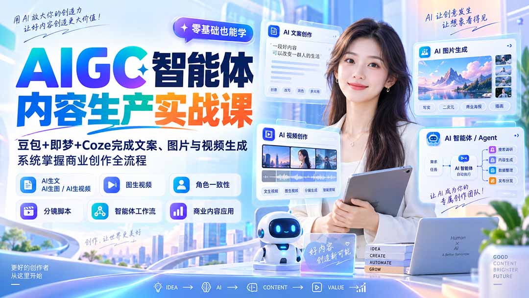 AIGC实战课：豆包+即梦+Coze智能体，AI生文生图视频商业全流程