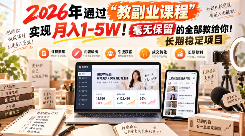 2026教副业课程变现1-5W：引流收学员+免费交付长期稳定项目