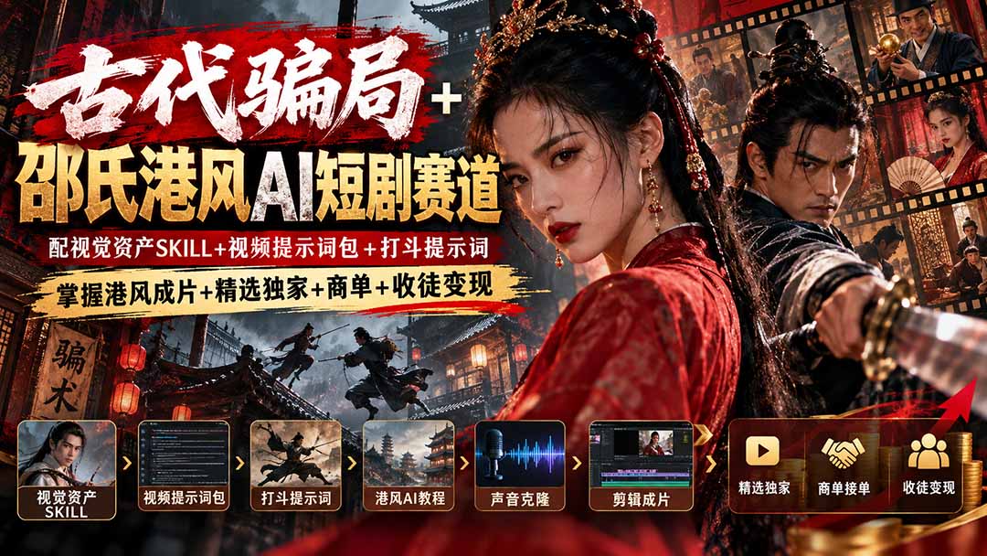 邵氏港风AI短剧课：古代骗局+NEO+NOIZ声音克隆+商单收徒变现