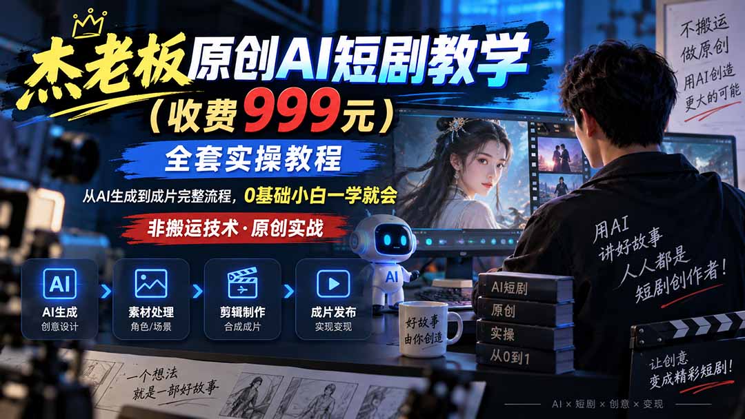 杰老板原创AI短剧实操教程，0基础小白从生成到成片全流程，非搬运技术