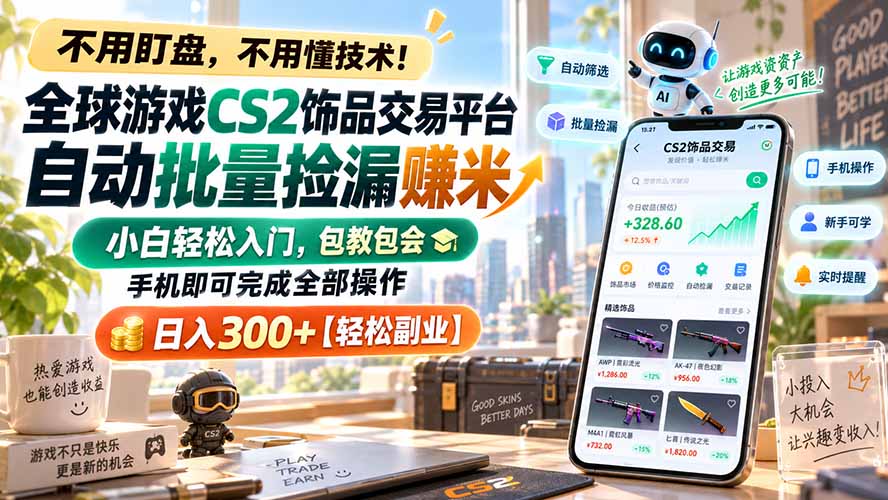 CS2饰品自动捡漏教程：手机G机批量搬砖，小白变现300方法副业