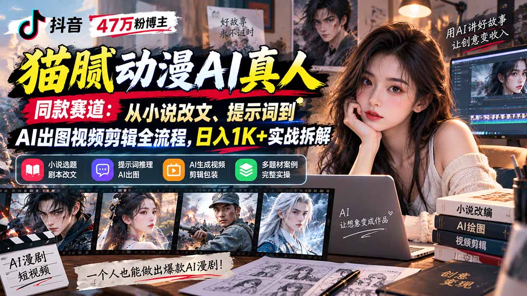 抖音47万粉猫腻动漫AI真人同款：小说改文提示词出图剪辑全流程