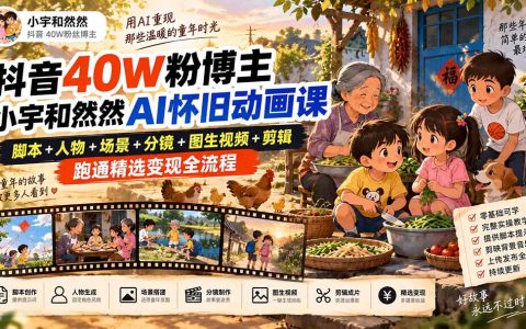 抖音40W粉小宇和然然AI怀旧动画课：脚本分镜图生视频剪辑精选变现