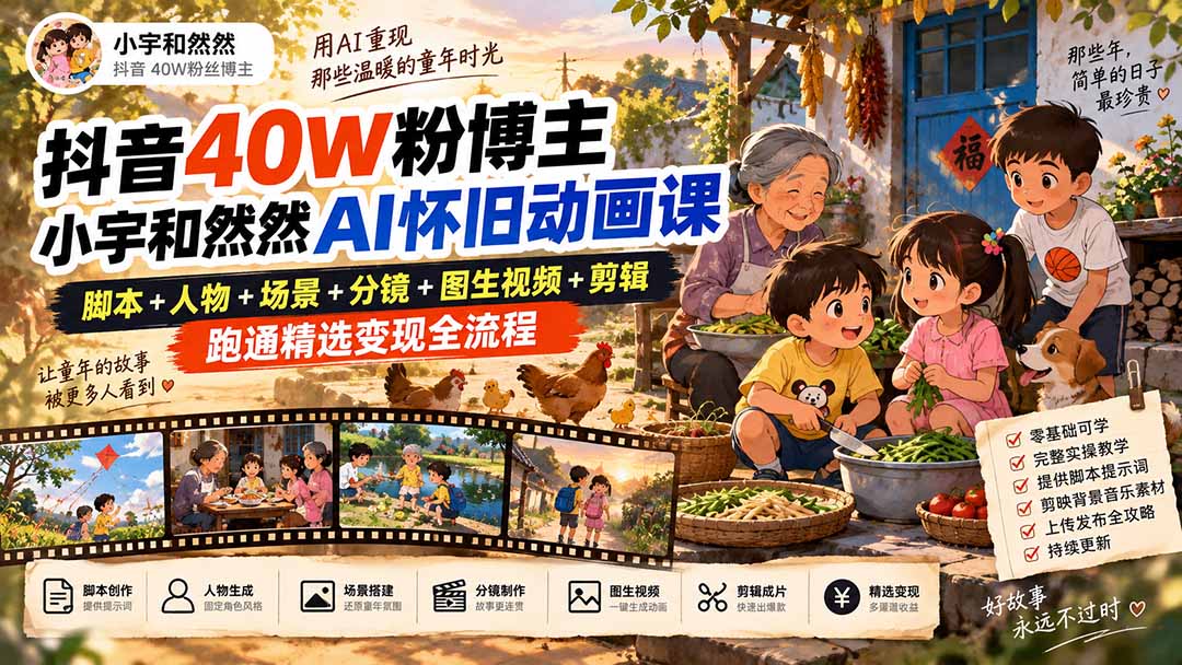 抖音40W粉小宇和然然AI怀旧动画课：脚本分镜图生视频剪辑精选变现