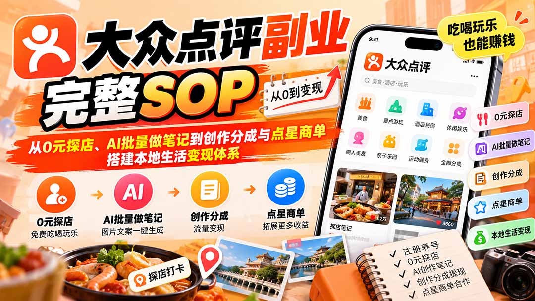大众点评副业SOP：0元探店+AI笔记+创作分成变现
