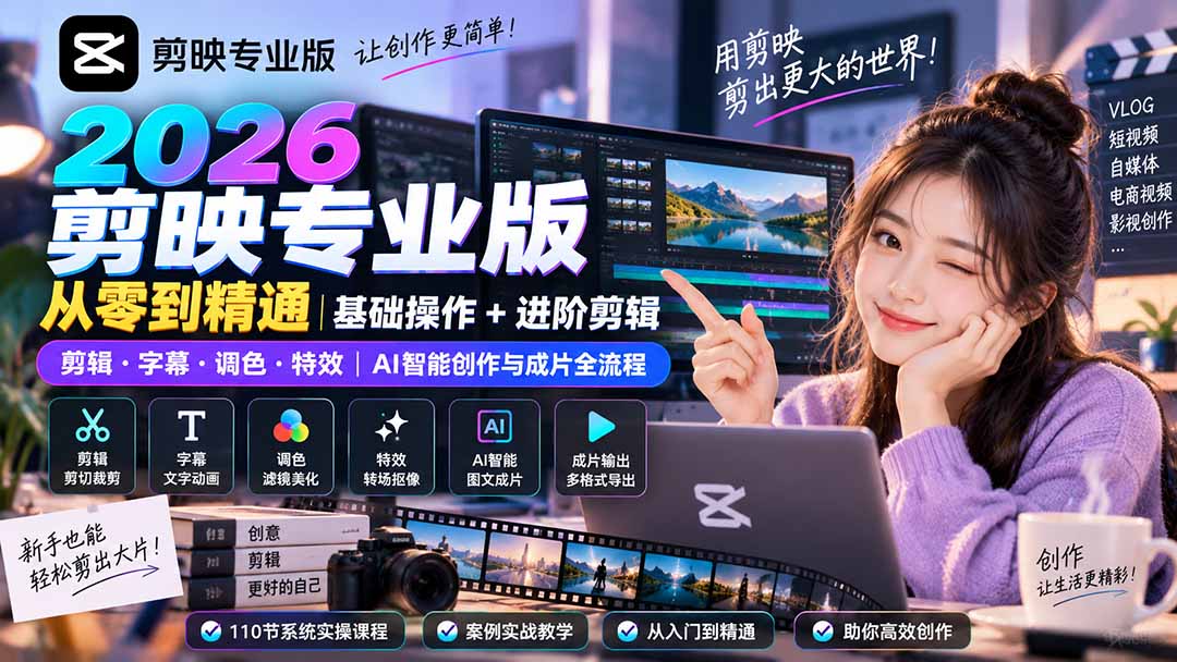 2026剪映专业版零基础到精通：剪辑调色+AI智能创作全流程实操课
